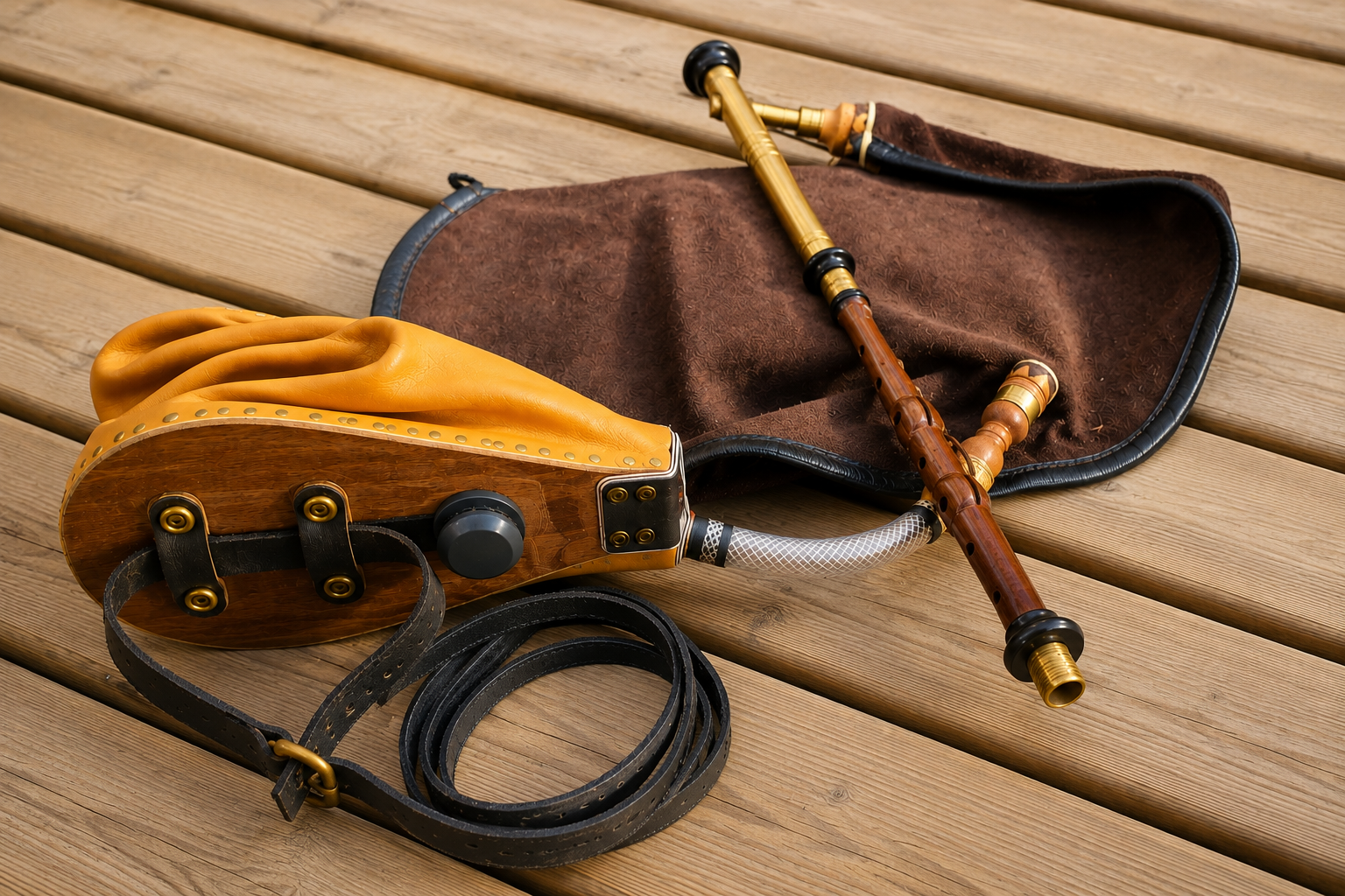 Uilleann pipe practice set with chanter, bag and bellows